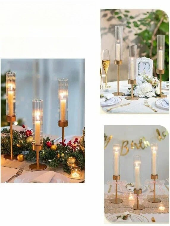 3 Pack Gold Forged Scandinavian Candlestick With Glass