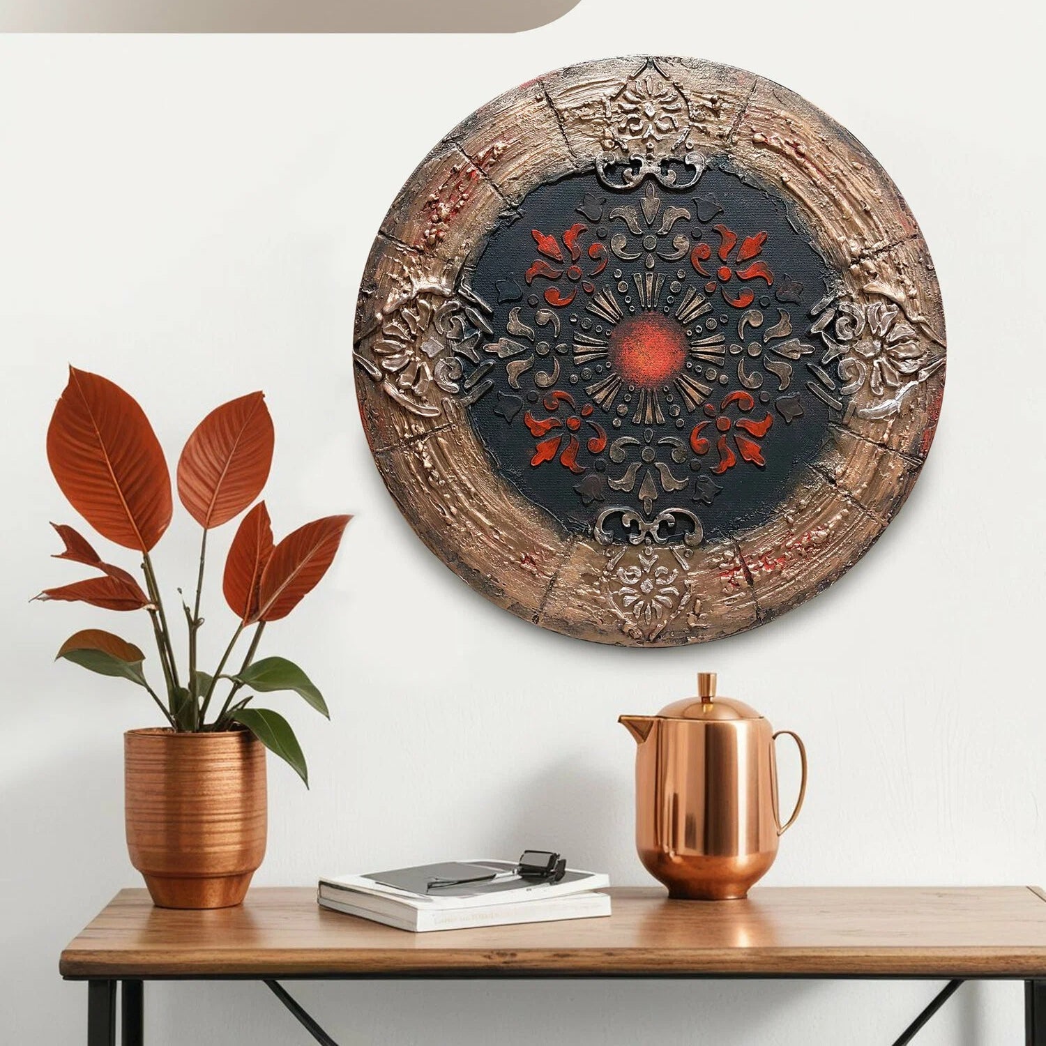 Panel on the wall, handmade texture painting, round 30 cm, interior abstraction on canvas, volumetric Mandala