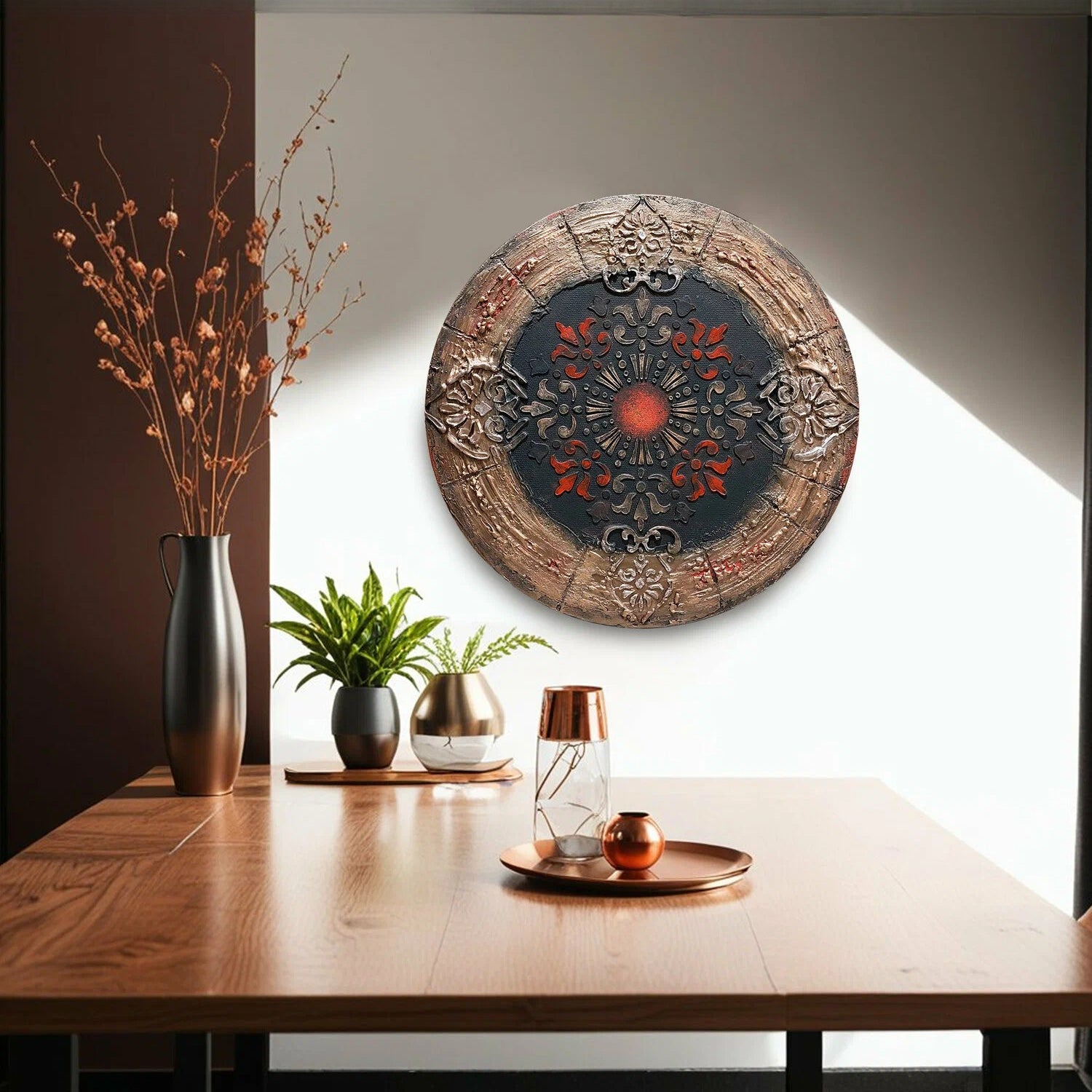 Panel on the wall, handmade texture painting, round 30 cm, interior abstraction on canvas, volumetric Mandala