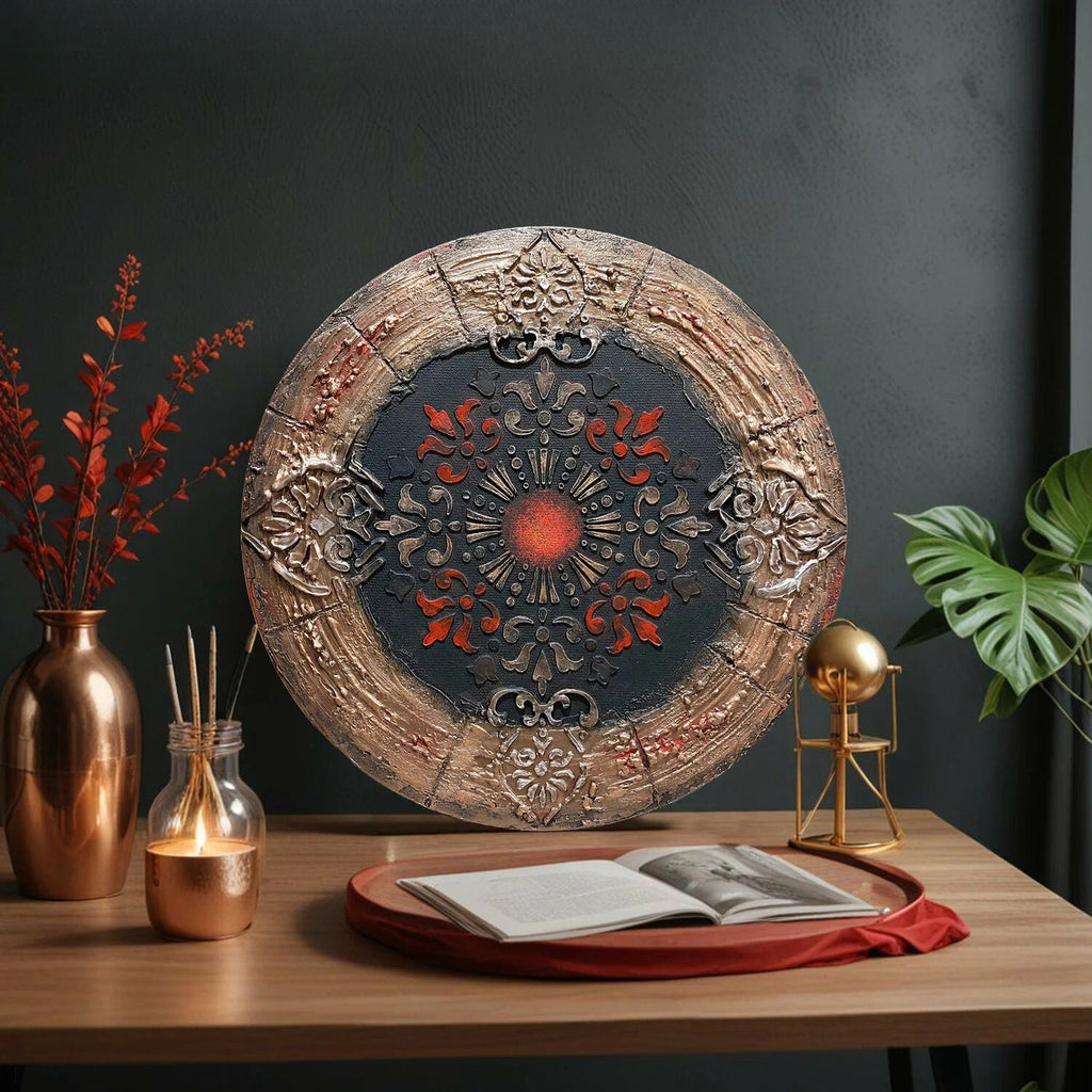 Panel on the wall, handmade texture painting, round 30 cm, interior abstraction on canvas, volumetric Mandala