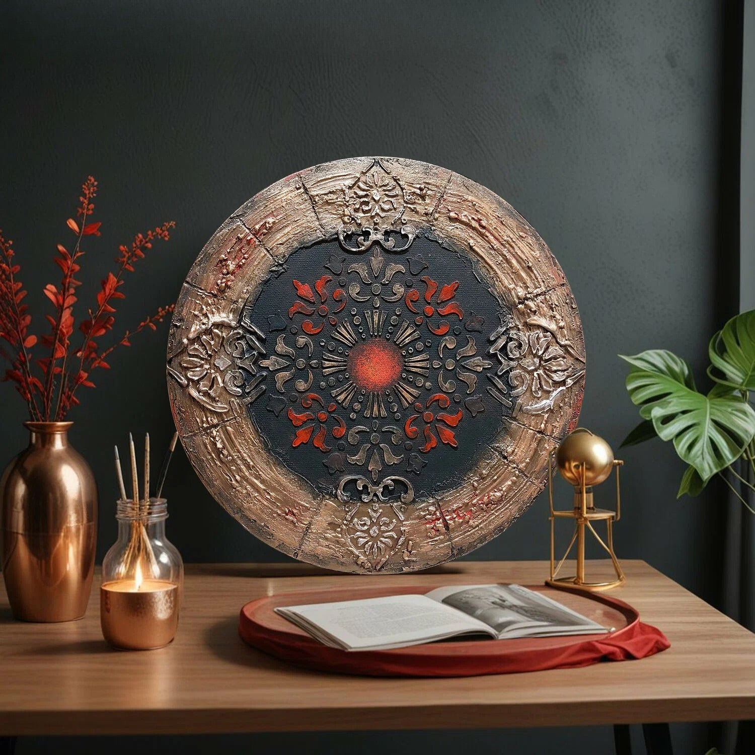 Panel on the wall, handmade texture painting, round 30 cm, interior abstraction on canvas, volumetric Mandala