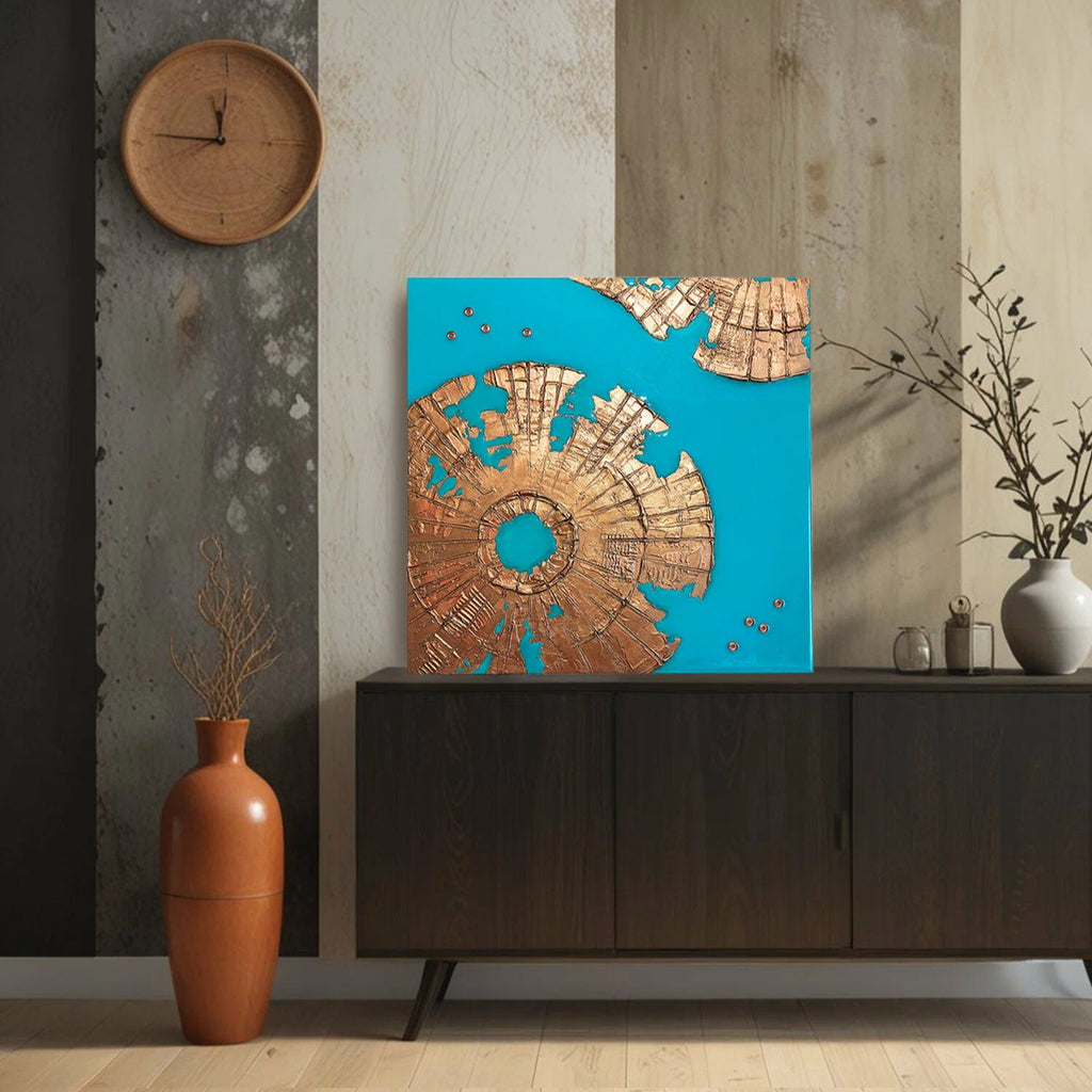 Panel on the wall abstract flowers, three-dimensional interior painting 45x45, handmade wall decor gold on turquoise