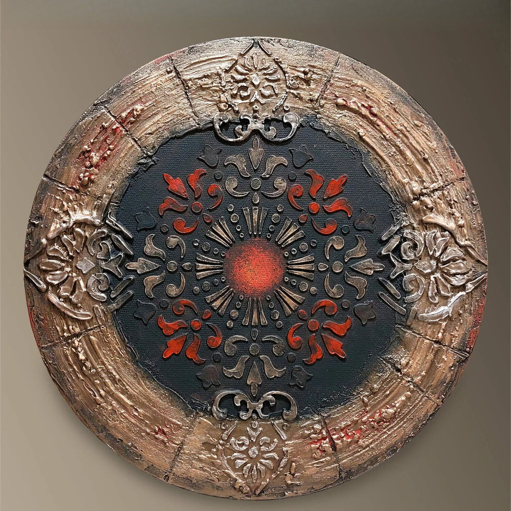 Panel on the wall, handmade texture painting, round 30 cm, interior abstraction on canvas, volumetric Mandala