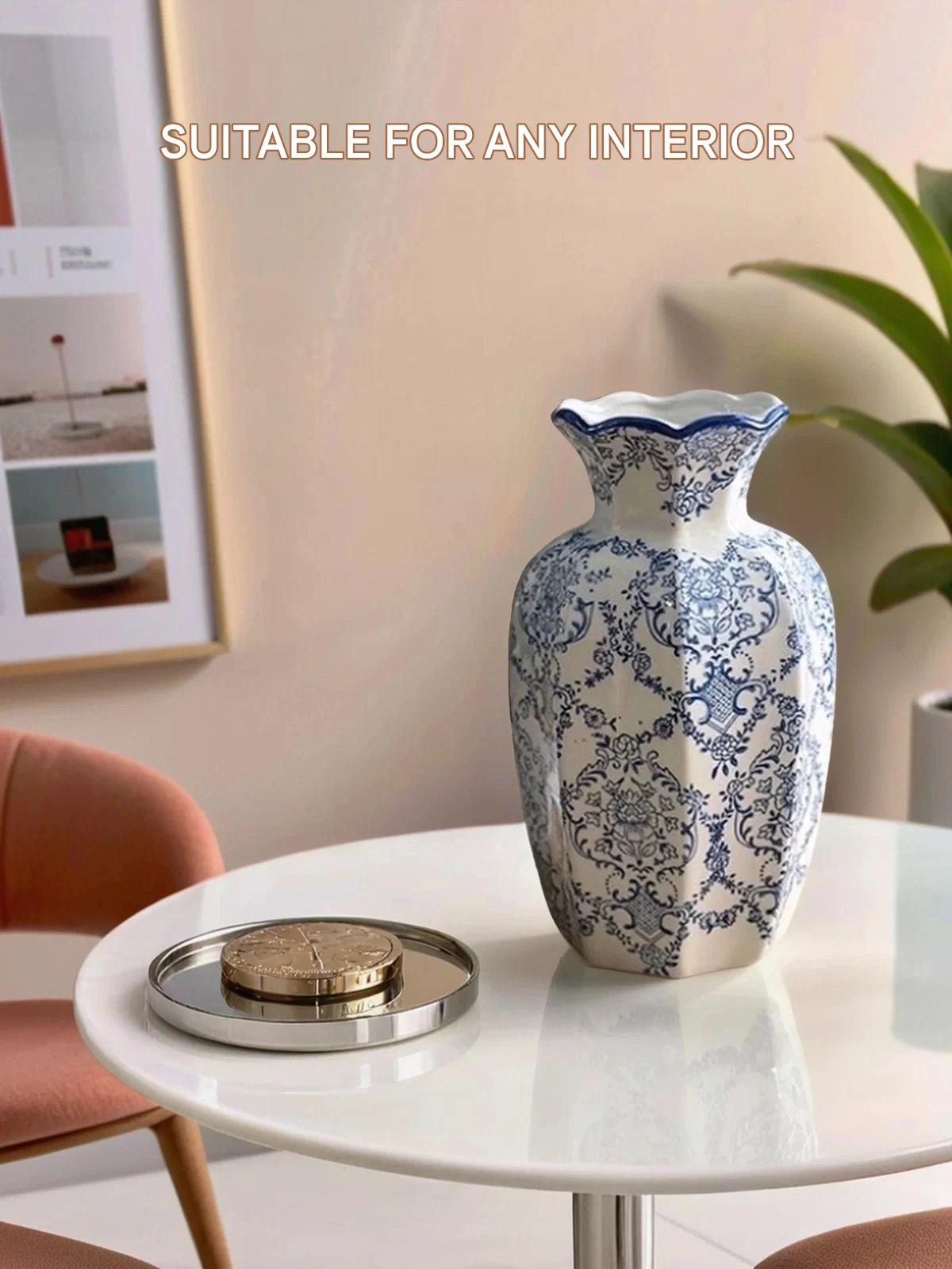Vase for flowers and dried flowers, ceramic 24 cm, table, white and blue