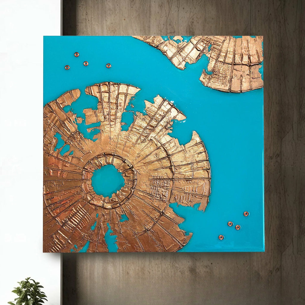 Panel on the wall abstract flowers, three-dimensional interior painting 45x45, handmade wall decor gold on turquoise