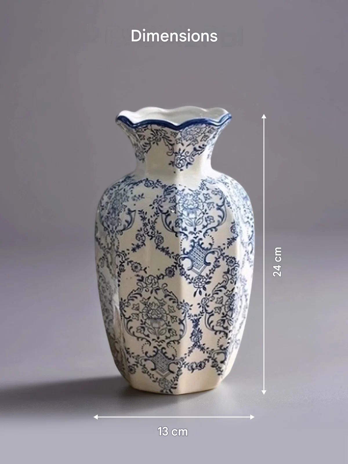Vase for flowers and dried flowers, ceramic 24 cm, table, white and blue