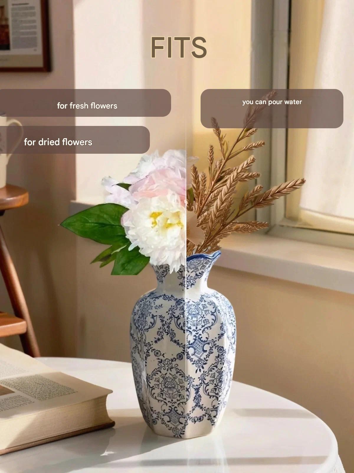 Vase for flowers and dried flowers, ceramic 24 cm, table, white and blue