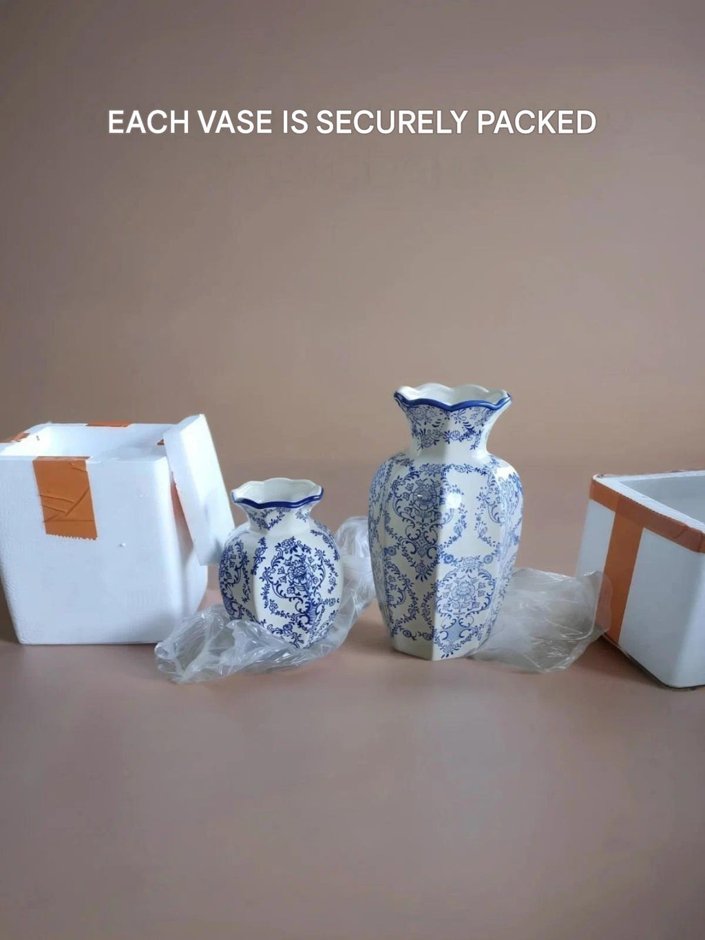 Vase for flowers and dried flowers, ceramic 24 cm, table, white and blue