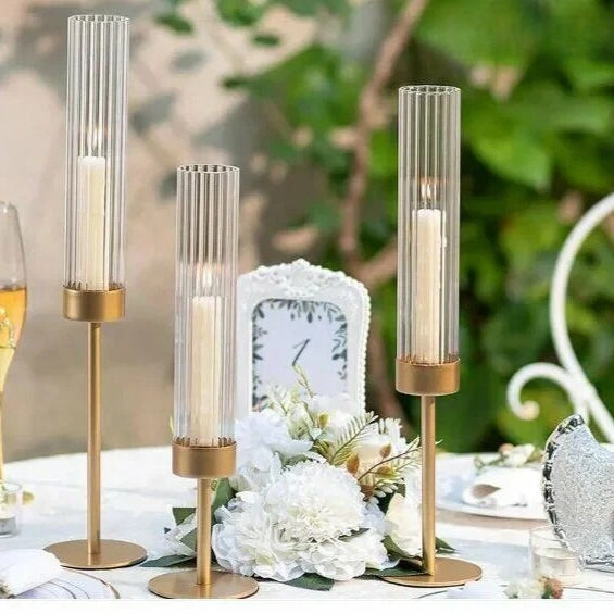 3 Pack Gold Forged Scandinavian Candlestick With Glass