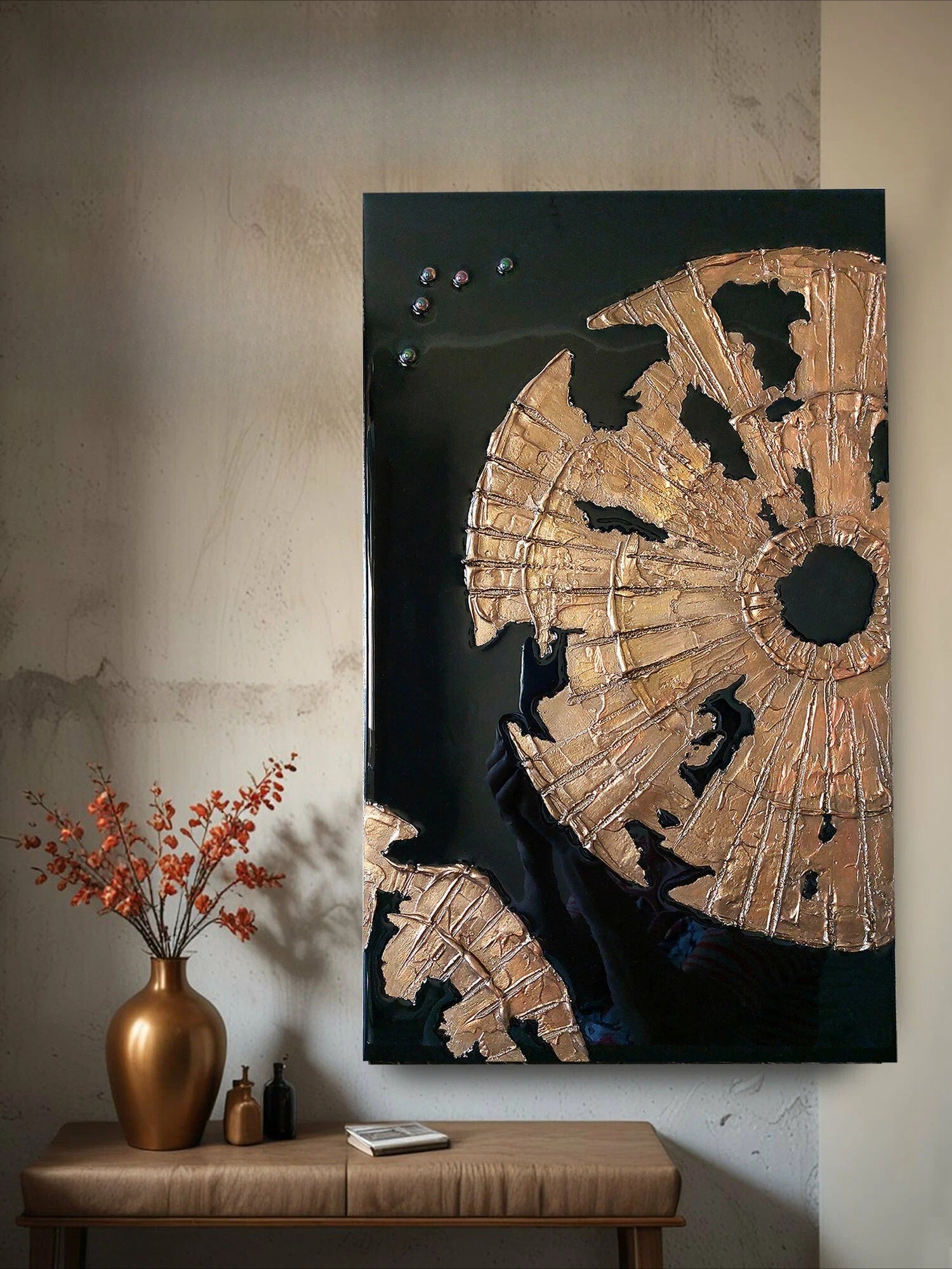 Panel on the wall 50x30cm, three-dimensional handmade painting, wall decor gold on black, flowers abstract