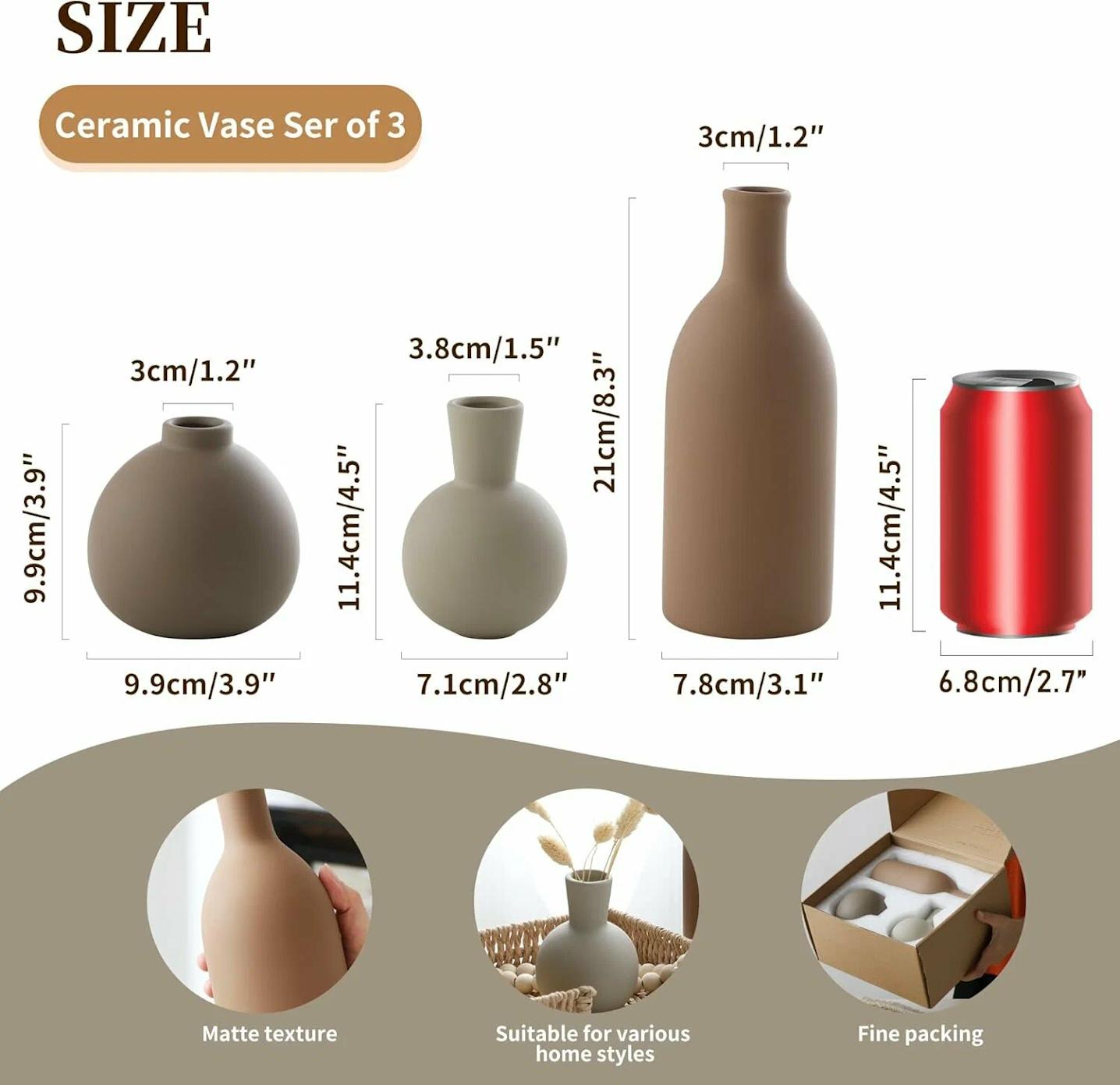 3Pcs Rustic Farm Boho Modern Ceramic Vase Set