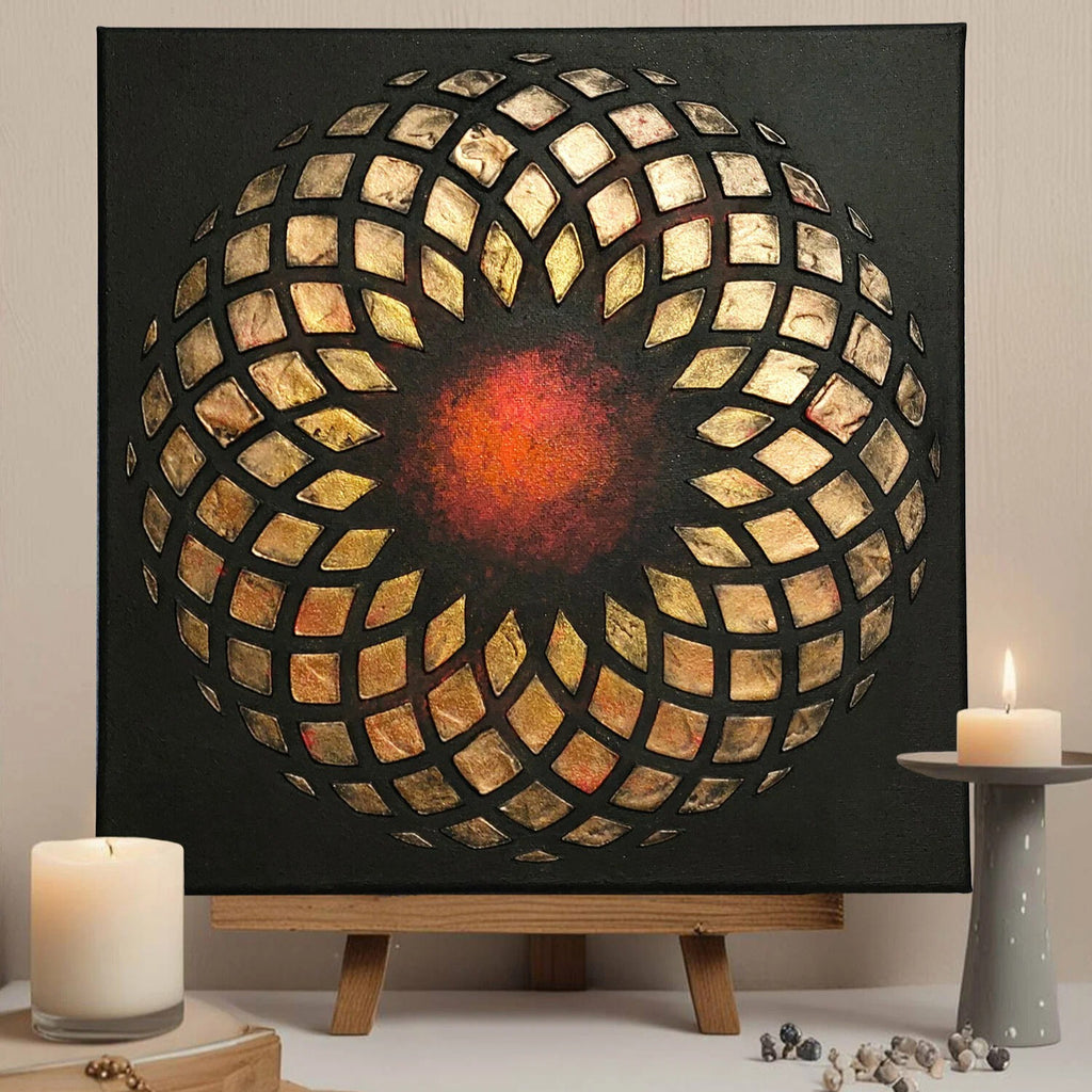 Decorative panel on the wall 30x30cm, author's abstract interior painting, voluminous gold decor on a black background