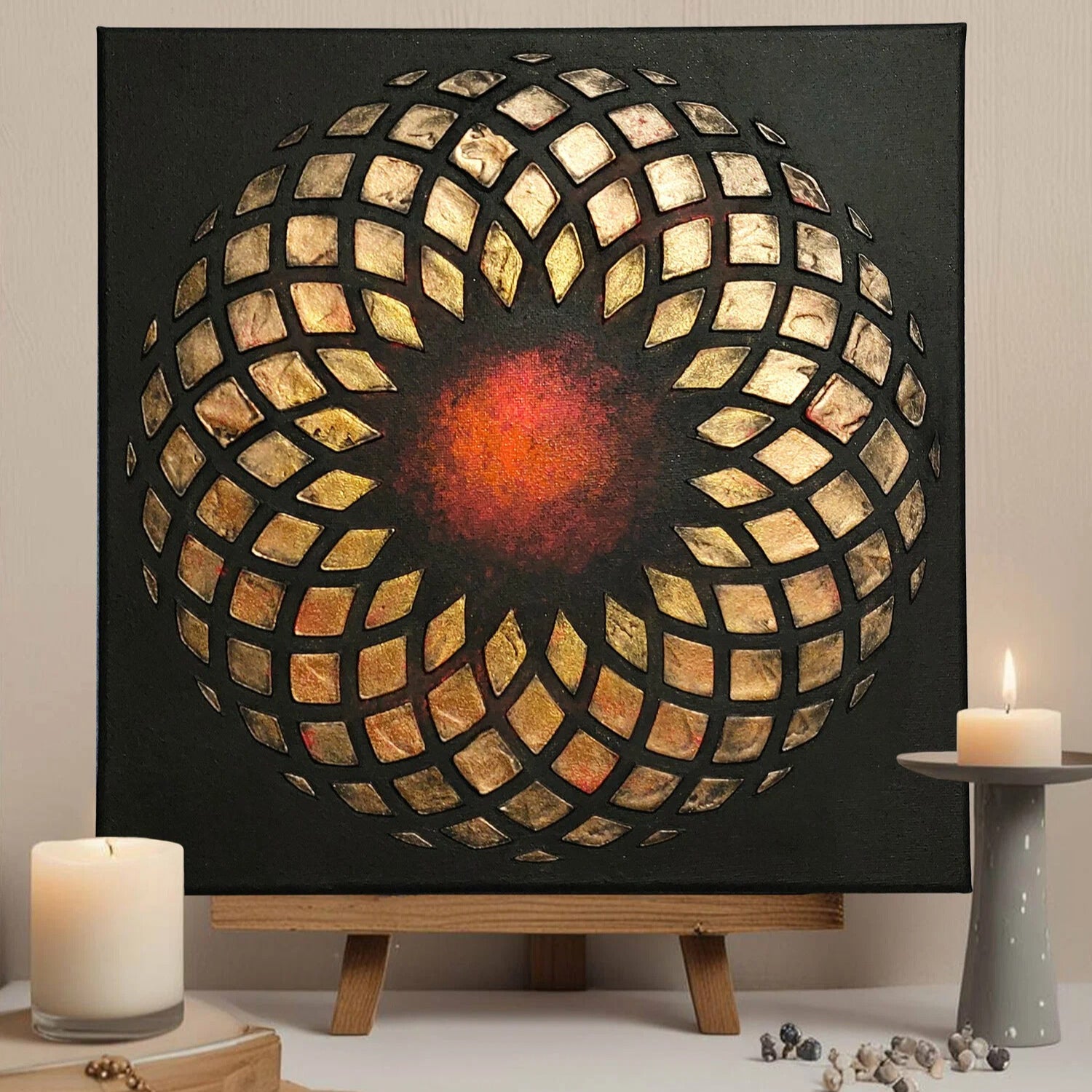 Decorative panel on the wall 30x30cm, author's abstract interior painting, voluminous gold decor on a black background
