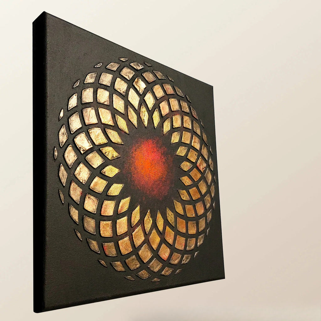 Decorative panel on the wall 30x30cm, author's abstract interior painting, voluminous gold decor on a black background