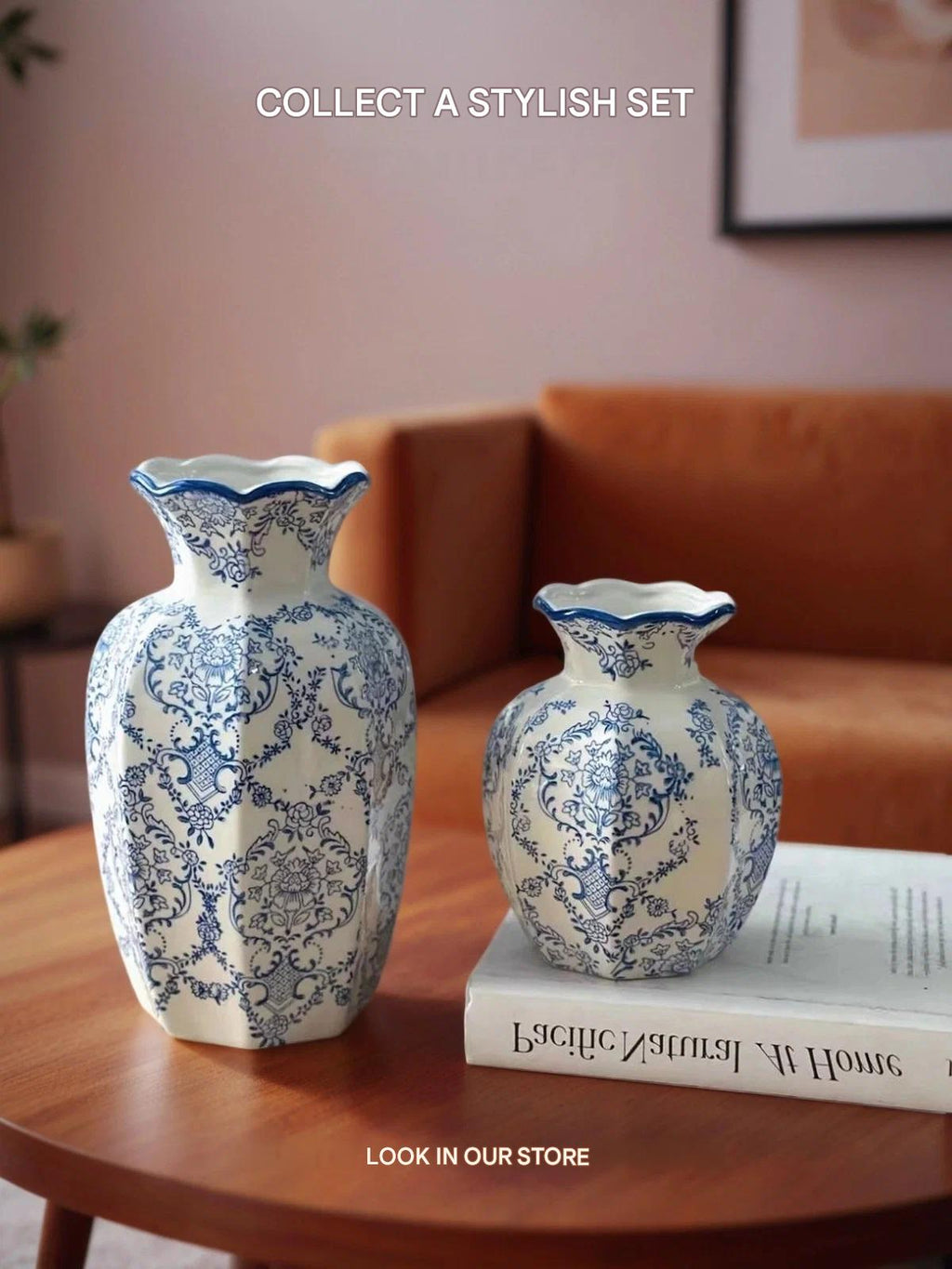 Vase for flowers and dried flowers, ceramic 24 cm, table, white and blue