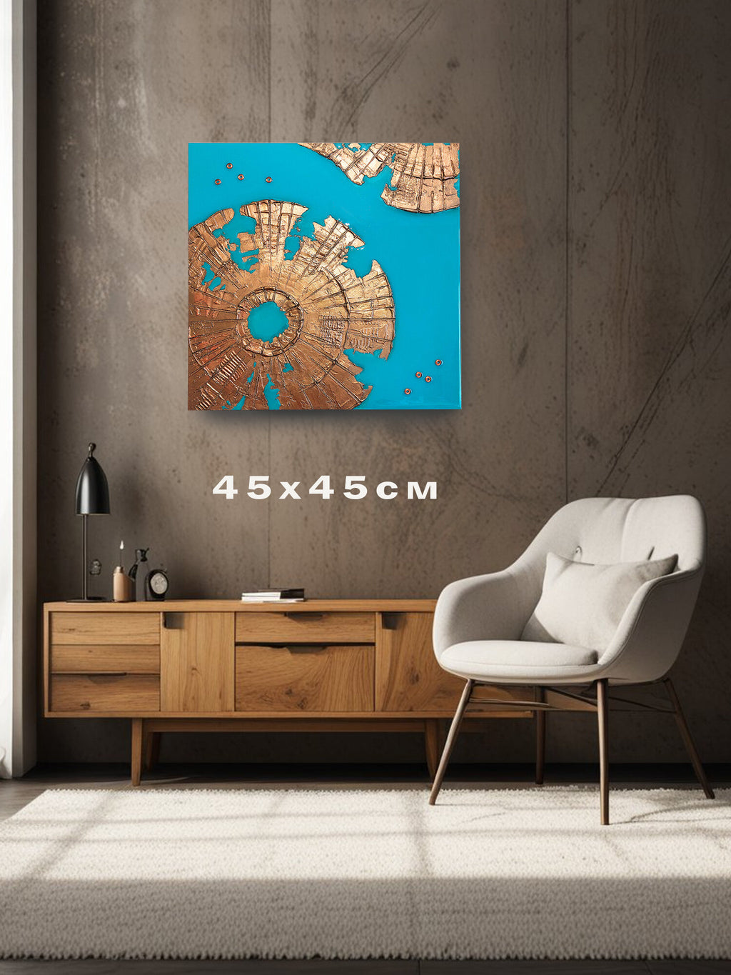Panel on the wall abstract flowers, three-dimensional interior painting 45x45, handmade wall decor gold on turquoise