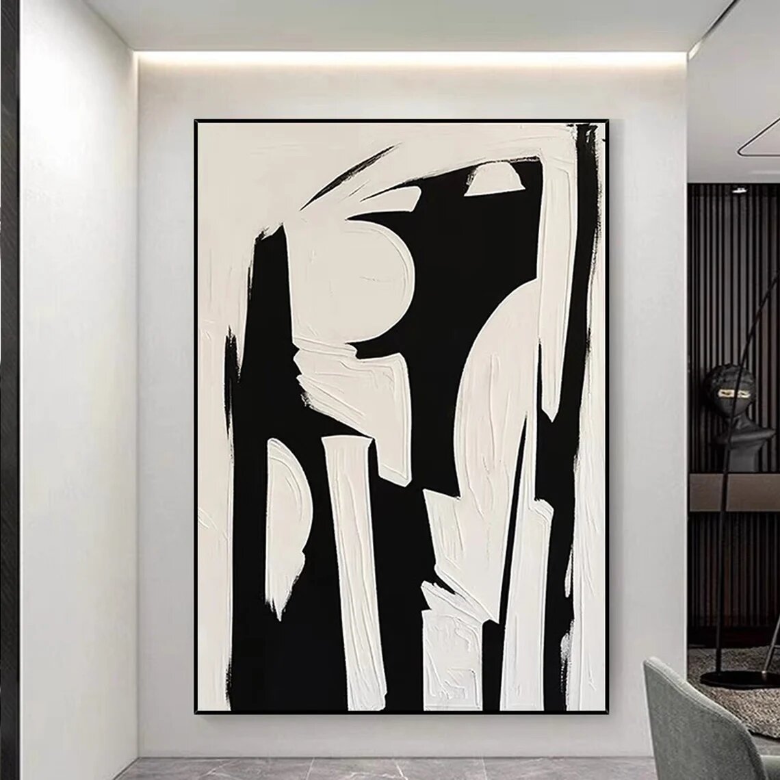 Large 3D Textured Black White Hand Drawn Abstract Canvas Wall Art