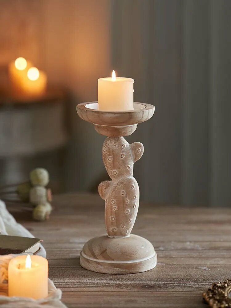 Natural Pine Cactus Shaped Candlestick Home Decor
