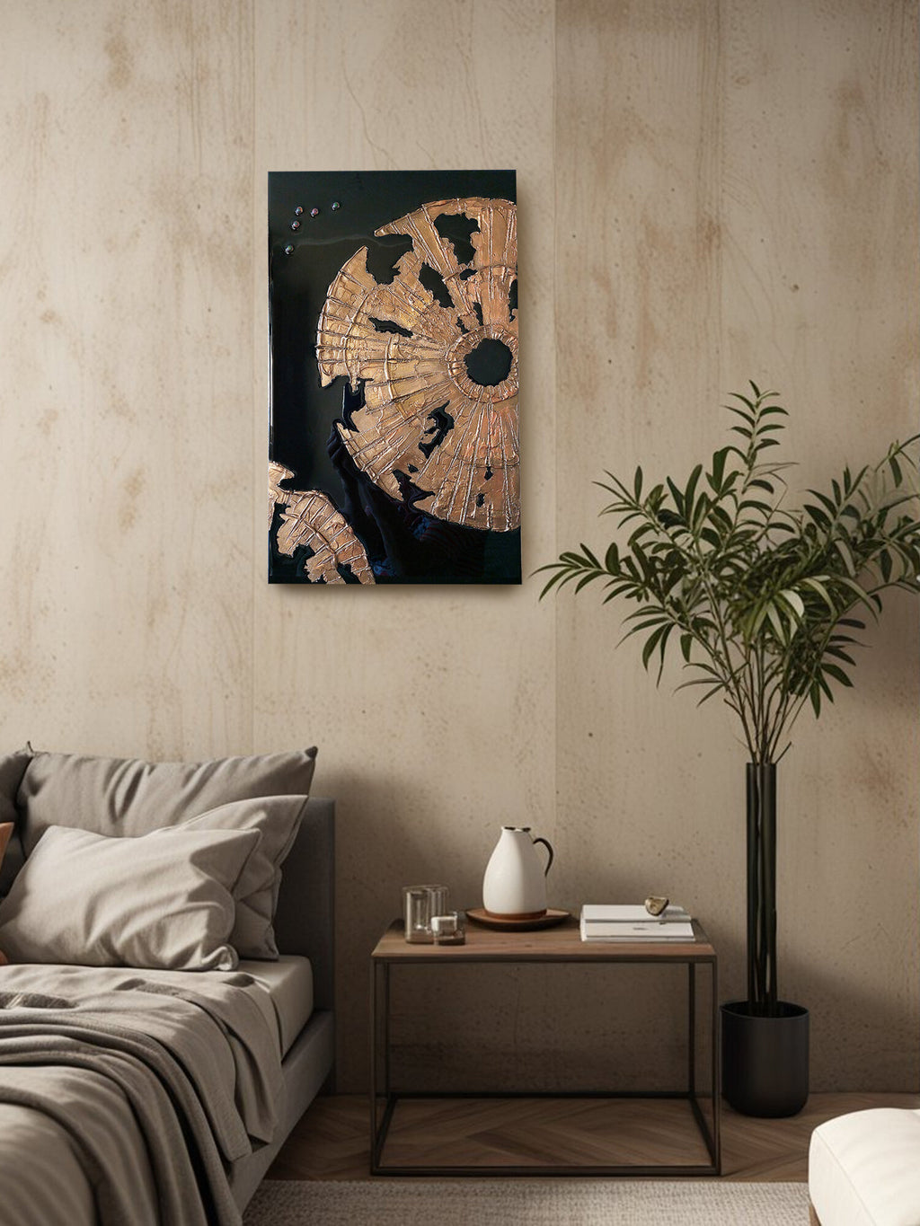 Panel on the wall 50x30cm, three-dimensional handmade painting, wall decor gold on black, flowers abstract