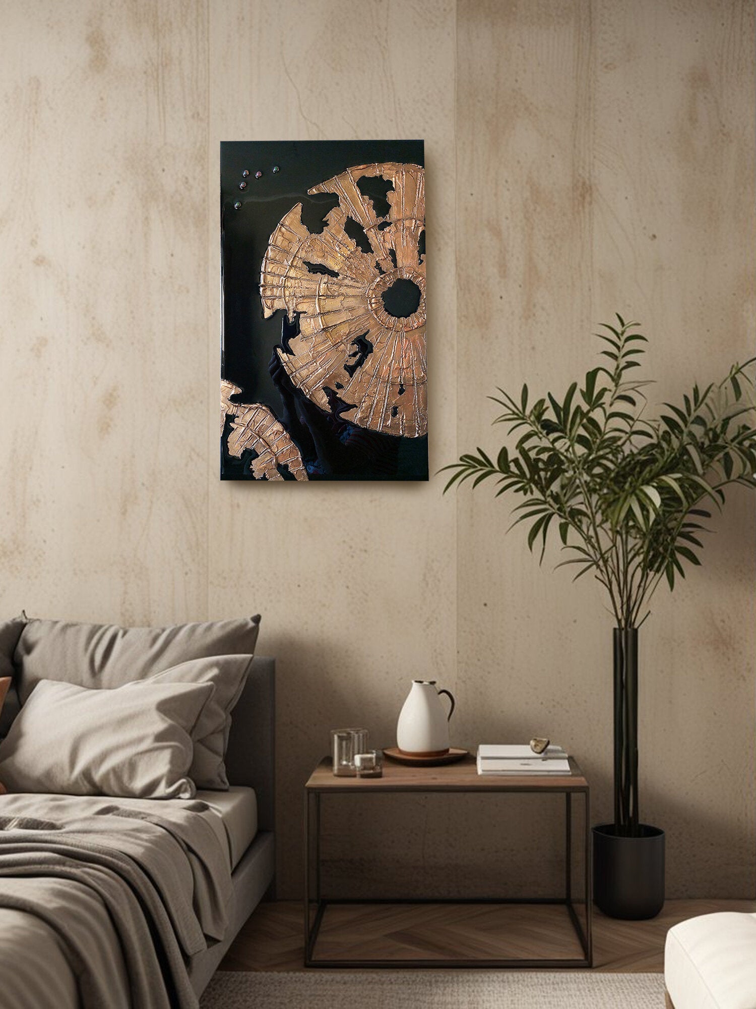 Panel on the wall 50x30cm, three-dimensional handmade painting, wall decor gold on black, flowers abstract