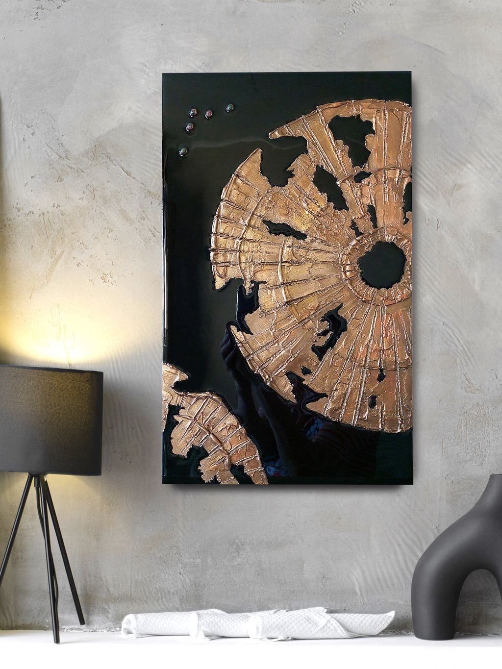 Panel on the wall 50x30cm, three-dimensional handmade painting, wall decor gold on black, flowers abstract