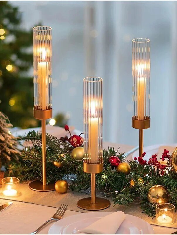 3 Pack Gold Forged Scandinavian Candlestick With Glass