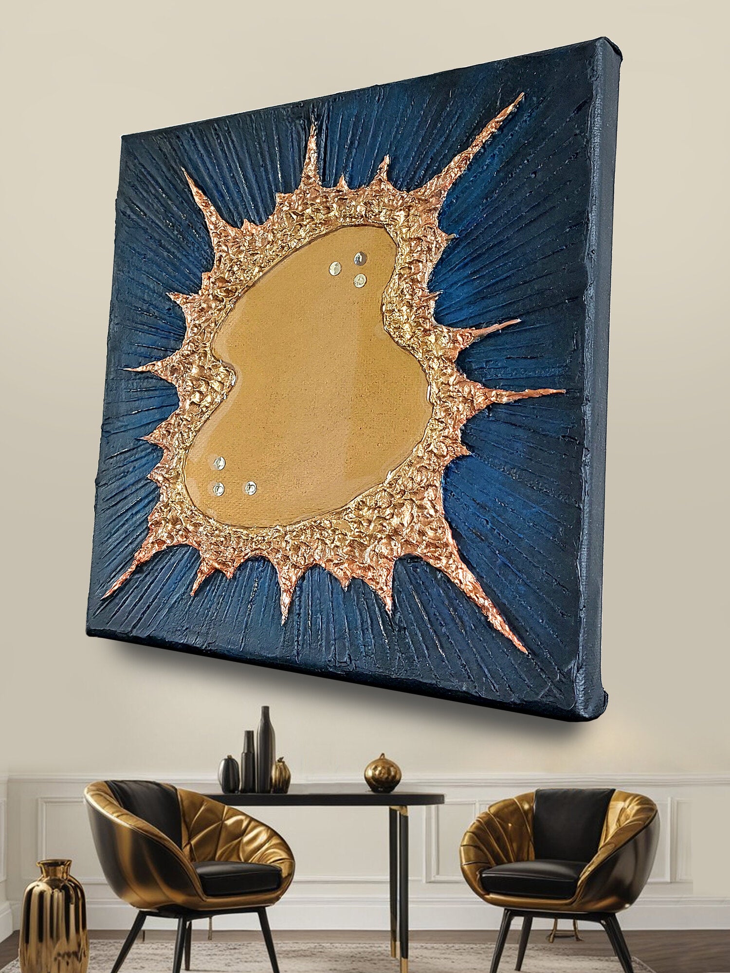 20×20cm Textured 3D Gold Accent Abstract Canvas Wall Art