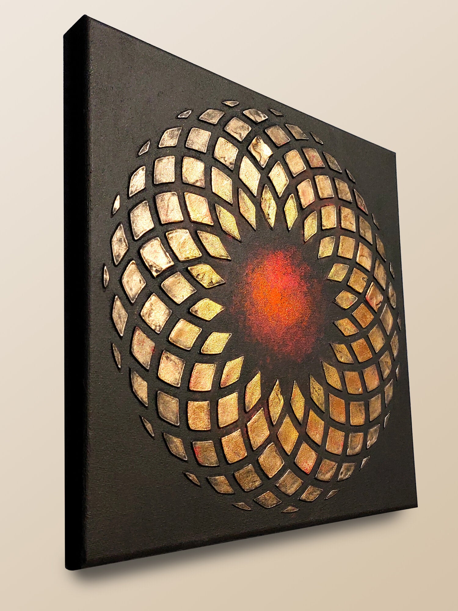 Decorative panel on the wall 30x30cm, author's abstract interior painting, voluminous gold decor on a black background
