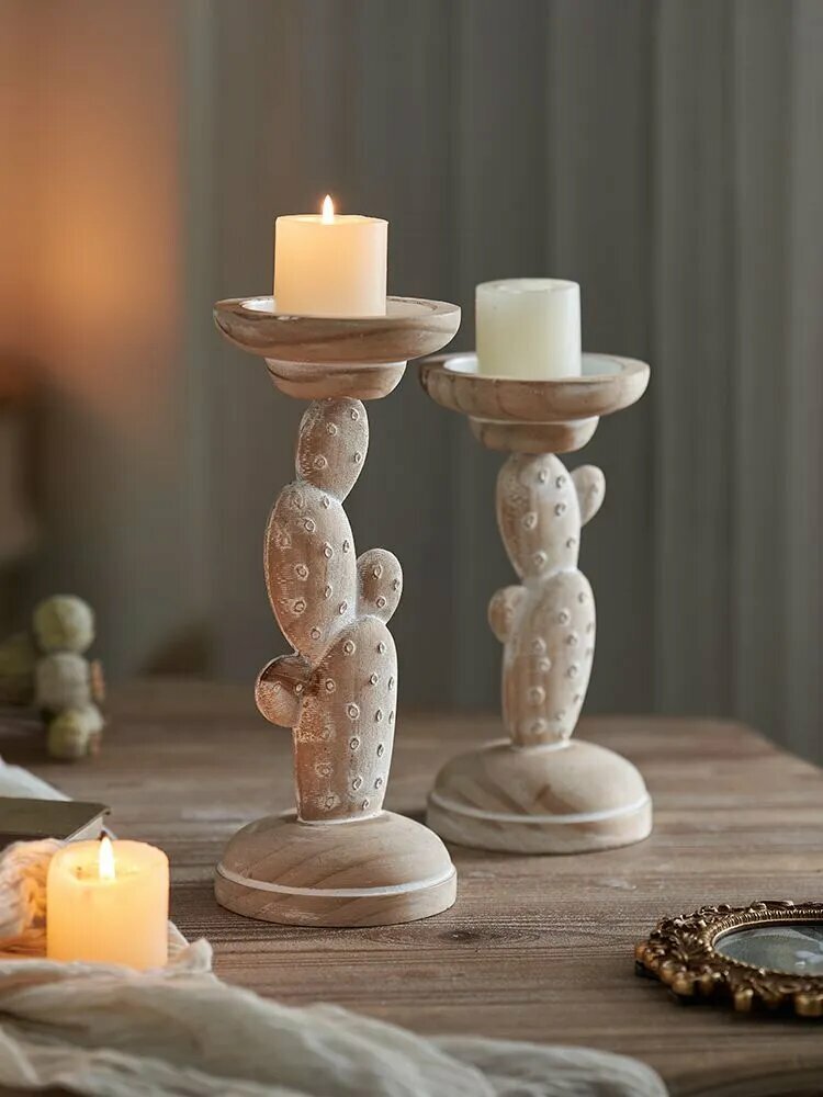 Natural Pine Cactus Shaped Candlestick Home Decor