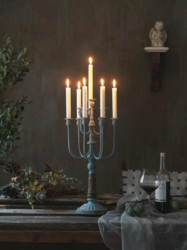 Retro Old Blue candlestick holds 10 candles
