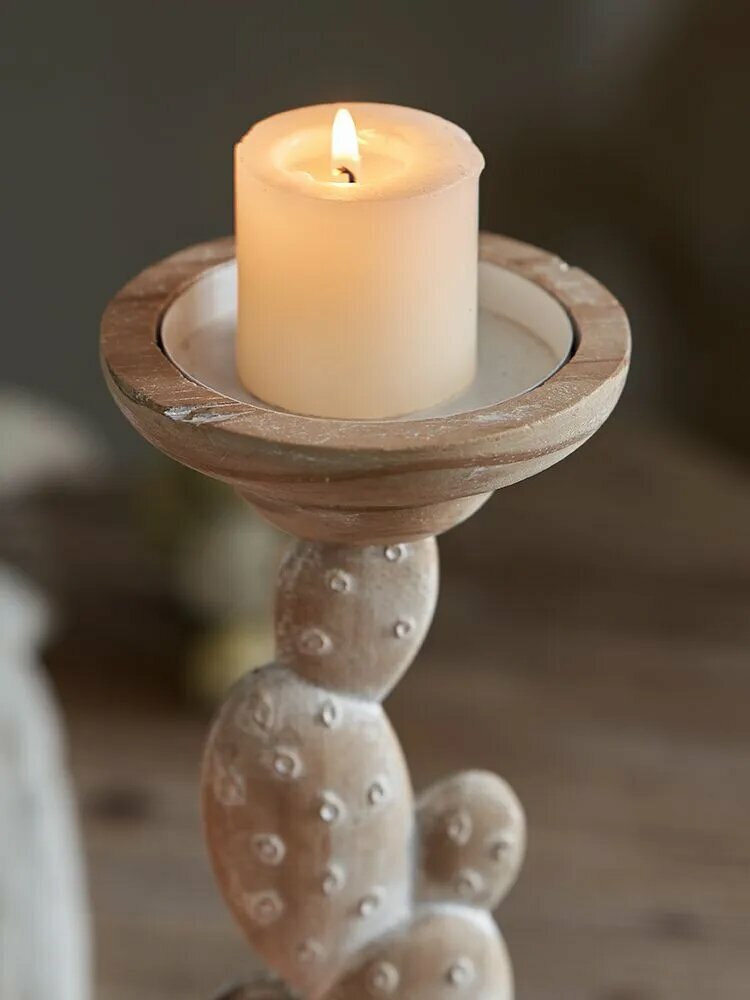 Natural Pine Cactus Shaped Candlestick Home Decor