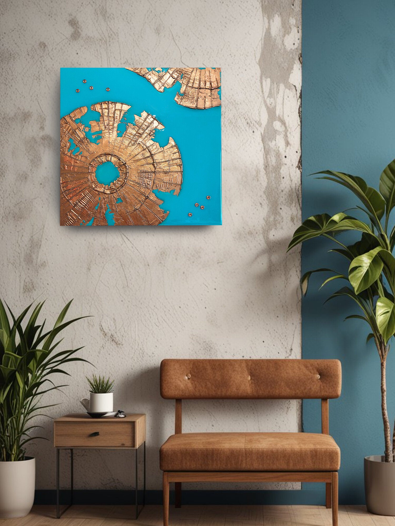 Panel on the wall abstract flowers, three-dimensional interior painting 45x45, handmade wall decor gold on turquoise
