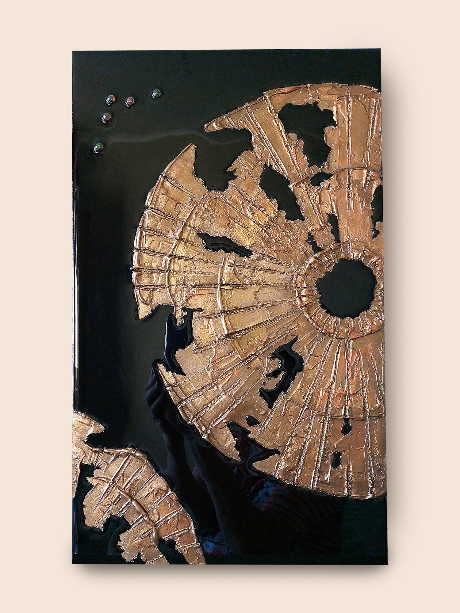 Panel on the wall 50x30cm, three-dimensional handmade painting, wall decor gold on black, flowers abstract
