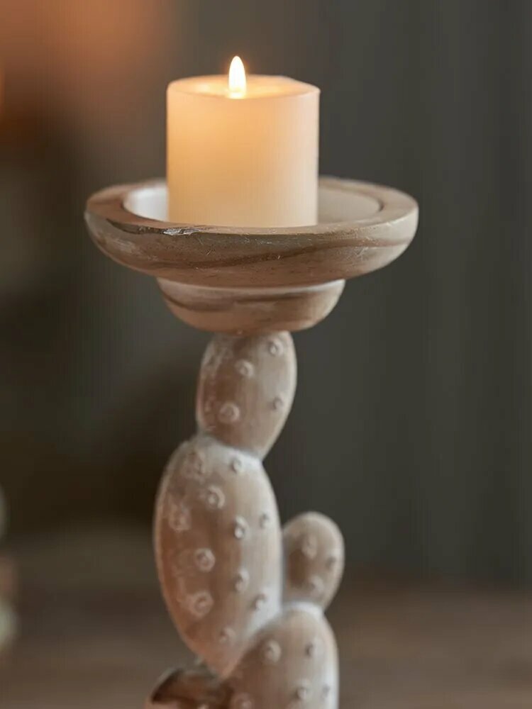 Natural Pine Cactus Shaped Candlestick Home Decor